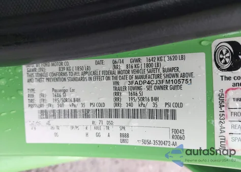 2015 Ford Fiesta Titanium z USA, uszkodzony, nr VIN 3FADP4CJ3FM105751